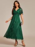 See-Through Long Sleeve Twist Knot A-Line Lotus Leaf Shimmering Evening Dress – Dark Green