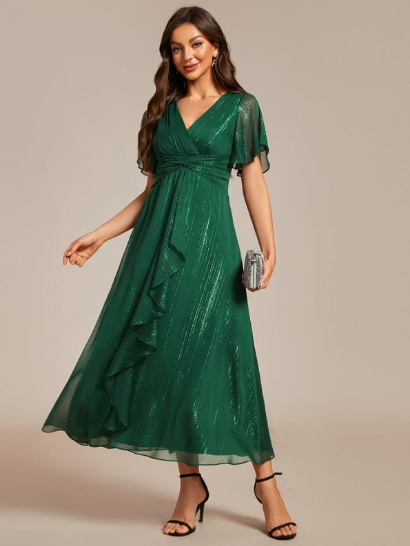 See-Through Long Sleeve Twist Knot A-Line Lotus Leaf Shimmering Evening Dress - Dark Green