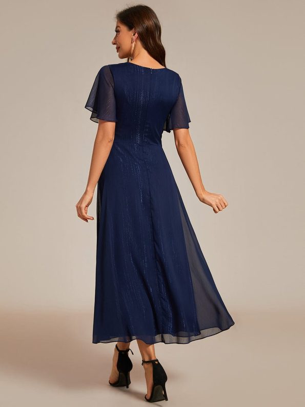 See-Through Long Sleeve Twist Knot A-Line Lotus Leaf Shimmering Evening Dress - Navy Blue