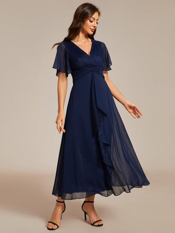 See-Through Long Sleeve Twist Knot A-Line Lotus Leaf Shimmering Evening Dress - Navy Blue