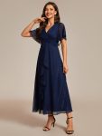 See-Through Long Sleeve Twist Knot A-Line Lotus Leaf Shimmering Evening Dress – Navy Blue