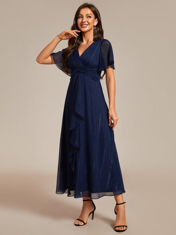 See-Through Long Sleeve Twist Knot A-Line Lotus Leaf Shimmering Evening Dress - Navy Blue