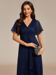 See-Through Long Sleeve Twist Knot A-Line Lotus Leaf Shimmering Evening Dress – Navy Blue