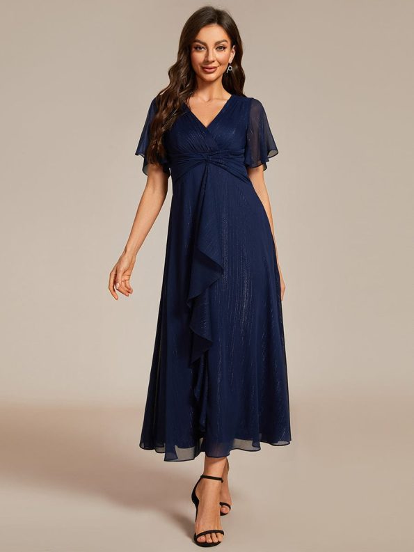 See-Through Long Sleeve Twist Knot A-Line Lotus Leaf Shimmering Evening Dress - Navy Blue