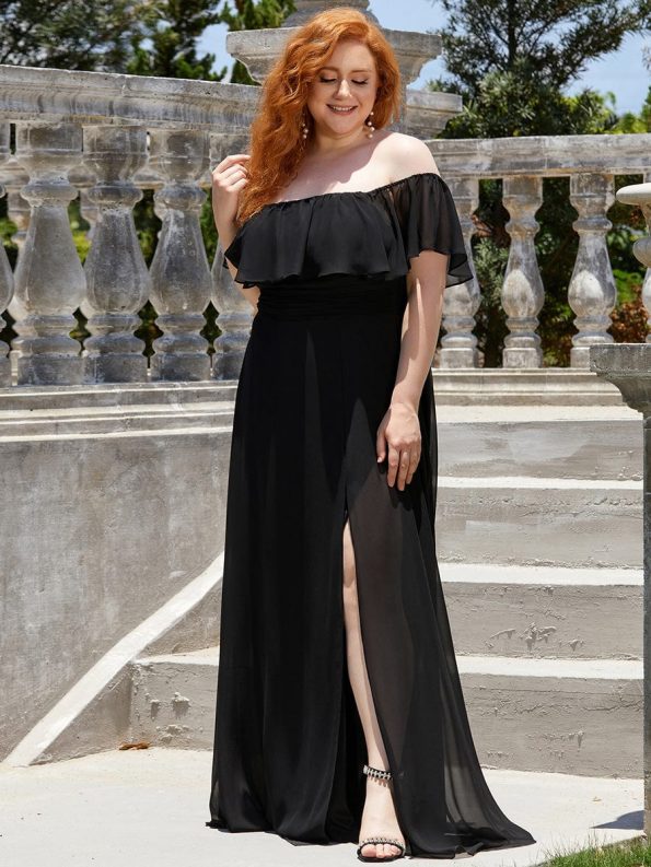 Plus Size Off the Shoulder Formal Bridesmaid Dress with Thigh Split - Black