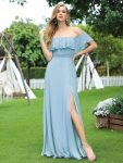 Women’s Off Shoulder Ruffle Thigh Slit Bridesmaid Dresses – Sky Blue