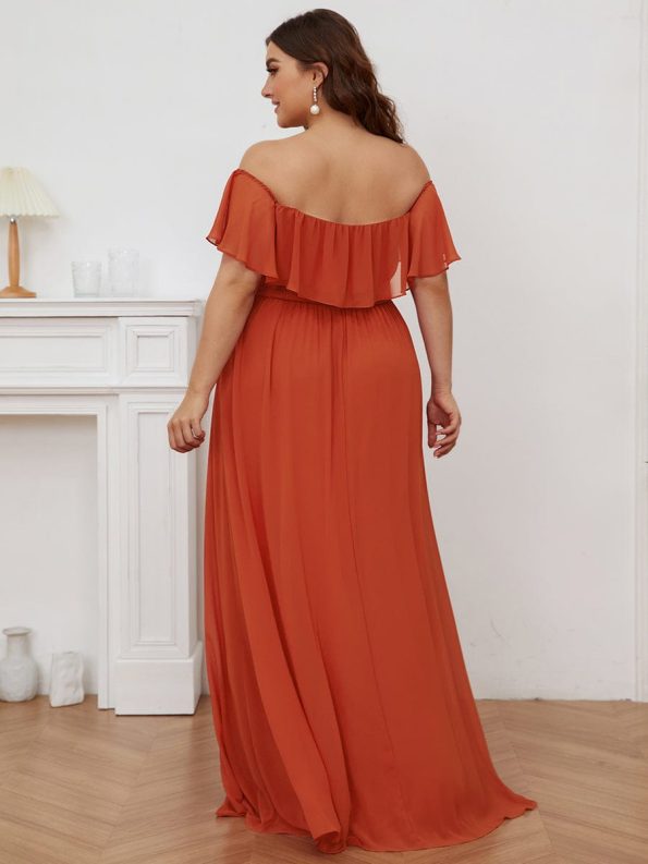 Women's Off Shoulder Ruffle Thigh Slit Bridesmaid Dresses - Burnt Orange