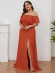 Women’s Off Shoulder Ruffle Thigh Slit Bridesmaid Dresses – Burnt Orange