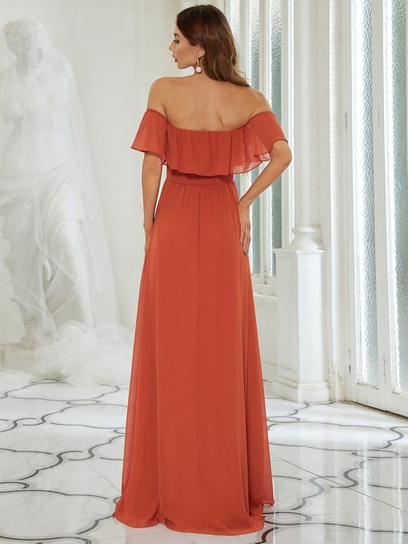 Women's Off Shoulder Ruffle Thigh Slit Bridesmaid Dresses - Burnt Orange