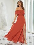 Women’s Off Shoulder Ruffle Thigh Slit Bridesmaid Dresses – Burnt Orange