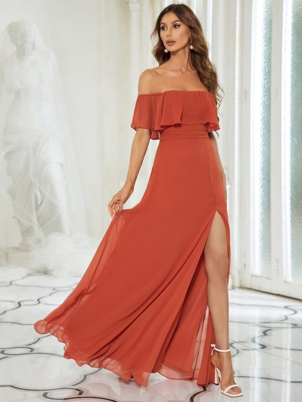 Women's Off Shoulder Ruffle Thigh Slit Bridesmaid Dresses - Burnt Orange