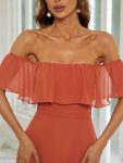 Women’s Off Shoulder Ruffle Thigh Slit Bridesmaid Dresses – Burnt Orange