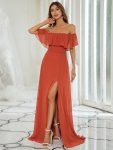 Women’s Off Shoulder Ruffle Thigh Slit Bridesmaid Dresses – Burnt Orange