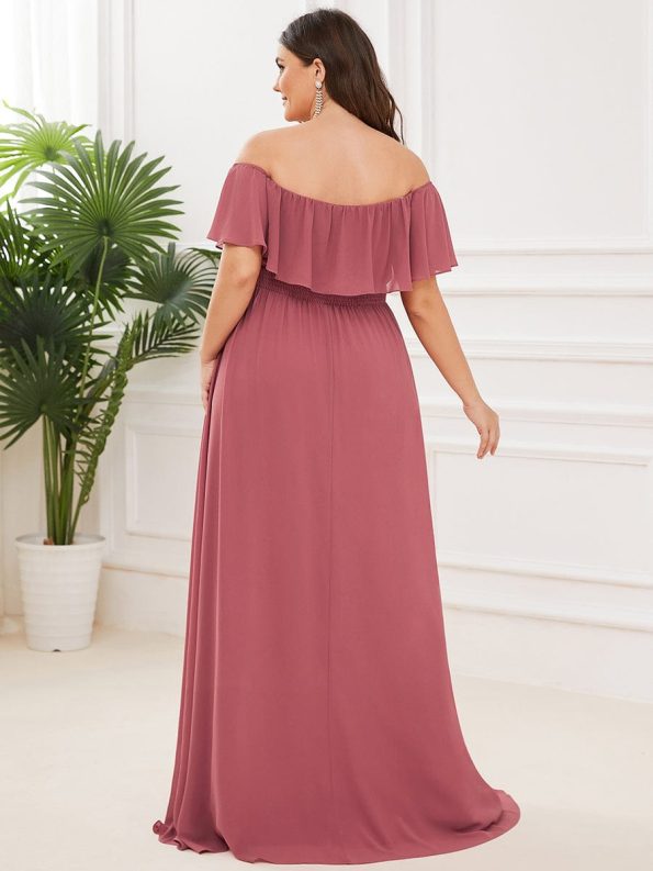 Plus Size Off the Shoulder Formal Bridesmaid Dress with Thigh Split - Cameo Brown