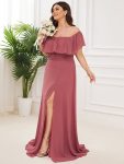 Plus Size Off the Shoulder Formal Bridesmaid Dress with Thigh Split – Cameo Brown