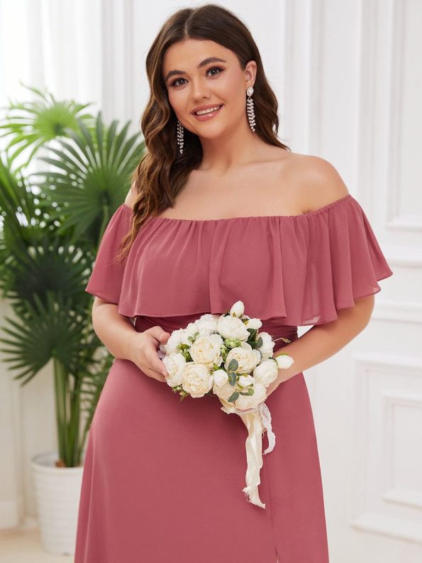 Plus Size Off the Shoulder Formal Bridesmaid Dress with Thigh Split - Cameo Brown