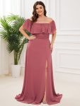 Plus Size Off the Shoulder Formal Bridesmaid Dress with Thigh Split – Cameo Brown