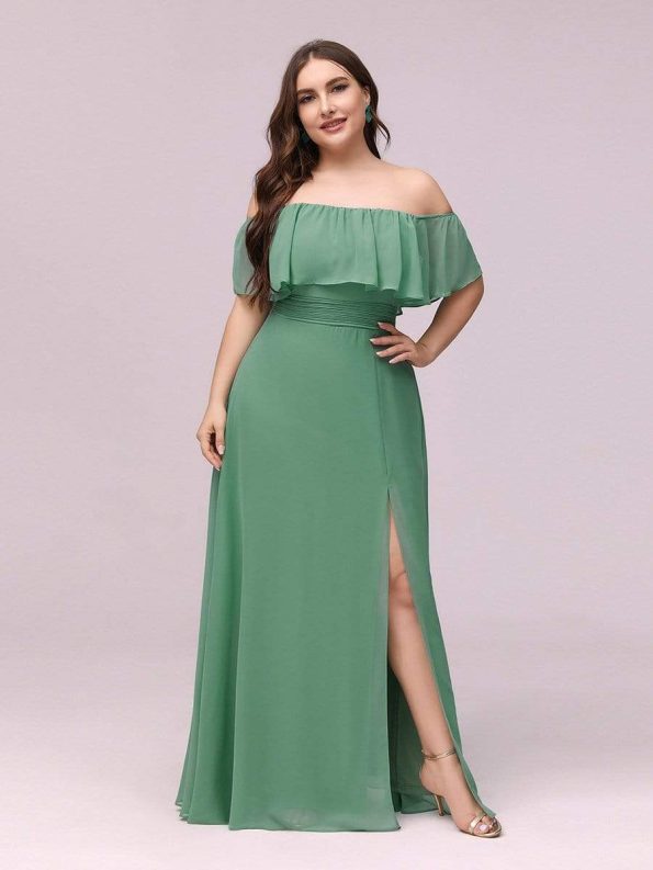 Women's Off Shoulder Ruffle Thigh Slit Bridesmaid Dresses - Green Bean