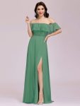 Women’s Off Shoulder Ruffle Thigh Slit Bridesmaid Dresses – Green Bean