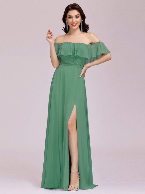 Women's Off Shoulder Ruffle Thigh Slit Bridesmaid Dresses - Green Bean