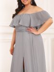 Plus Size Off the Shoulder Formal Bridesmaid Dress with Thigh Split – Grey