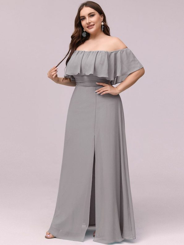 Plus Size Off the Shoulder Formal Bridesmaid Dress with Thigh Split - Grey