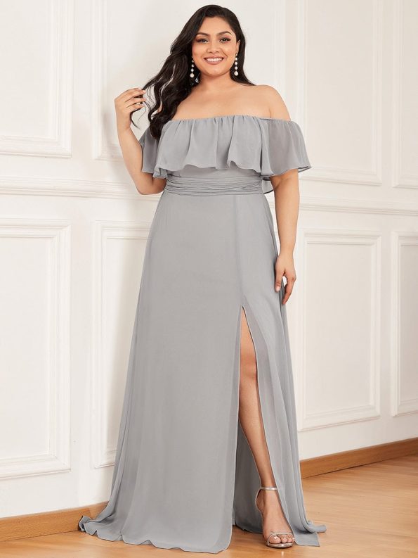 Women's Off Shoulder Ruffle Thigh Slit Bridesmaid Dresses - Grey