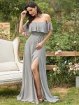 Women’s Off Shoulder Ruffle Thigh Slit Bridesmaid Dresses – Grey