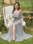 Women’s Off Shoulder Ruffle Thigh Slit Bridesmaid Dresses – Grey