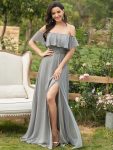 Women's Off Shoulder Ruffle Thigh Slit Bridesmaid Dresses - Grey