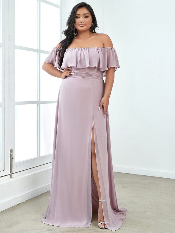 Women's Off Shoulder Ruffle Thigh Slit Bridesmaid Dresses - Lilac