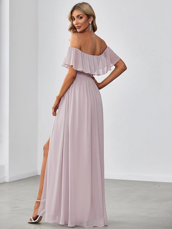 Women's Off Shoulder Ruffle Thigh Slit Bridesmaid Dresses - Lilac