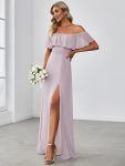 Women’s Off Shoulder Ruffle Thigh Slit Bridesmaid Dresses – Lilac