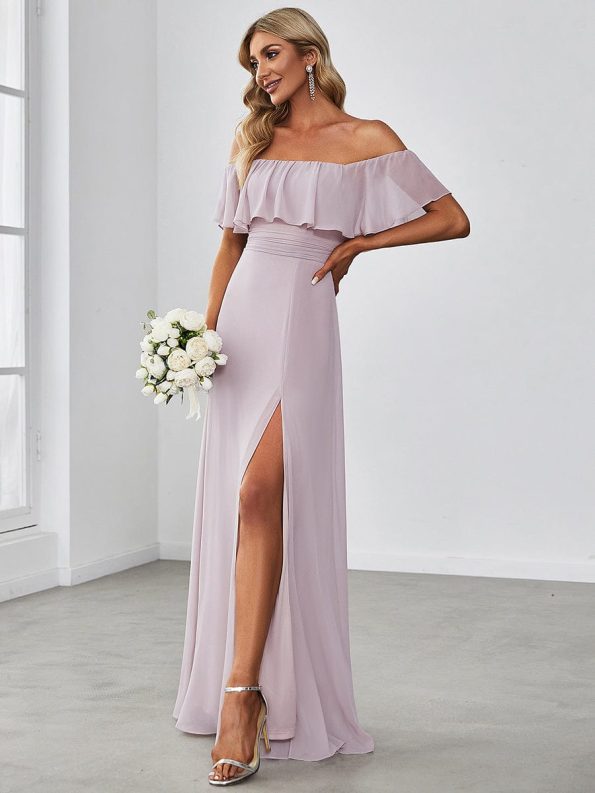 Women's Off Shoulder Ruffle Thigh Slit Bridesmaid Dresses - Lilac