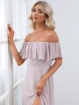 Women’s Off Shoulder Ruffle Thigh Slit Bridesmaid Dresses – Lilac