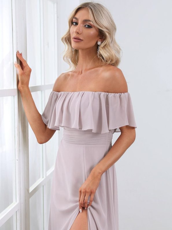 Women's Off Shoulder Ruffle Thigh Slit Bridesmaid Dresses - Lilac