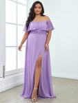 Women’s Off Shoulder Ruffle Thigh Slit Bridesmaid Dresses – Lavender