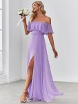 Women’s Off Shoulder Ruffle Thigh Slit Bridesmaid Dresses – Lavender