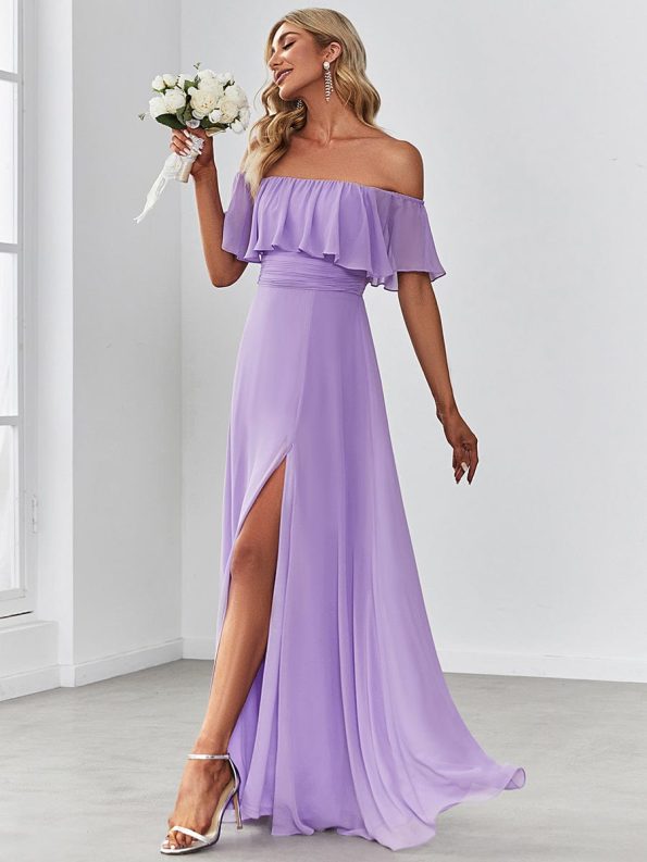 Women's Off Shoulder Ruffle Thigh Slit Bridesmaid Dresses - Lavender