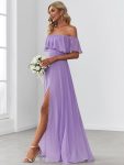 Women’s Off Shoulder Ruffle Thigh Slit Bridesmaid Dresses – Lavender