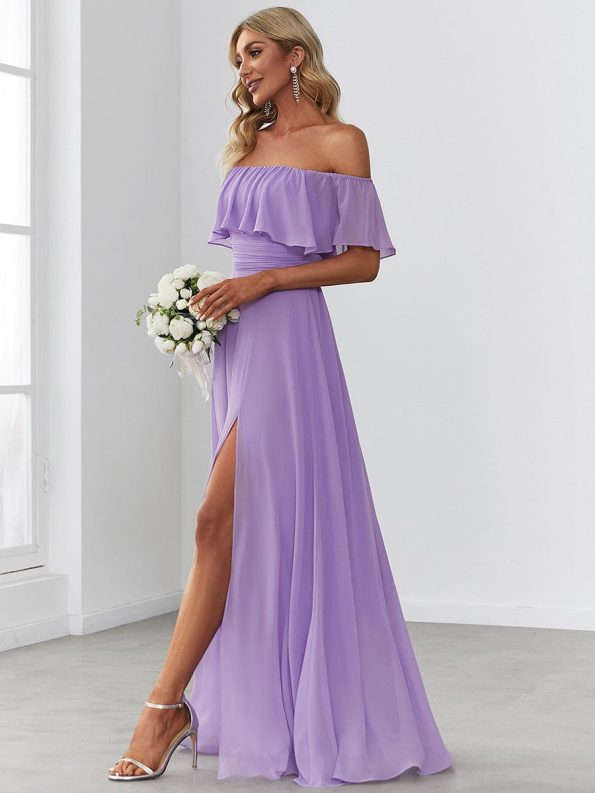 Women's Off Shoulder Ruffle Thigh Slit Bridesmaid Dresses - Lavender