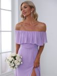 Women’s Off Shoulder Ruffle Thigh Slit Bridesmaid Dresses – Lavender