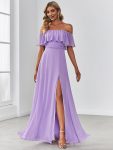 Women’s Off Shoulder Ruffle Thigh Slit Bridesmaid Dresses – Lavender