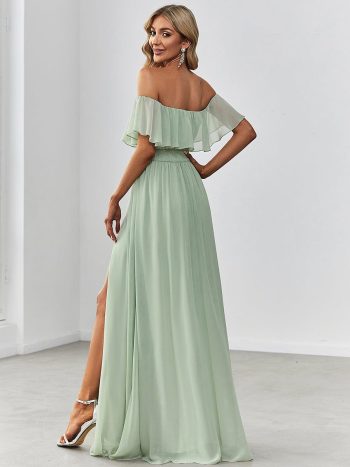 Women's Off Shoulder Ruffle Thigh Slit Bridesmaid Dresses - Mint Green