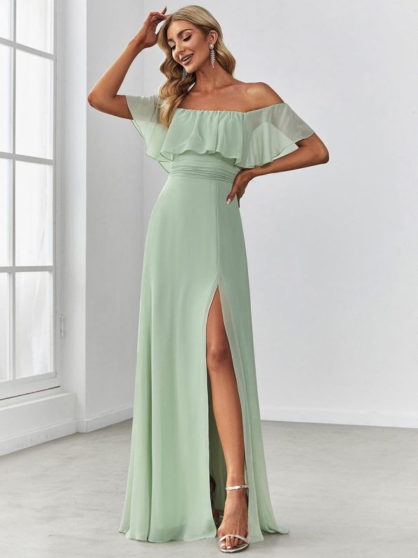 Women's Off Shoulder Ruffle Thigh Slit Bridesmaid Dresses - Mint Green