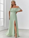 Women’s Off Shoulder Ruffle Thigh Slit Bridesmaid Dresses – Mint Green