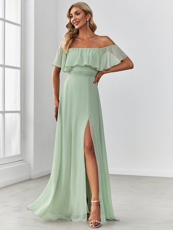 Women's Off Shoulder Ruffle Thigh Slit Bridesmaid Dresses - Mint Green