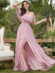 Women’s Off Shoulder Ruffle Thigh Slit Bridesmaid Dresses – Mauve