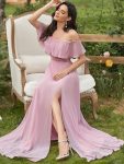 Women’s Off Shoulder Ruffle Thigh Slit Bridesmaid Dresses – Mauve