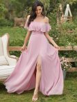 Women’s Off Shoulder Ruffle Thigh Slit Bridesmaid Dresses – Mauve